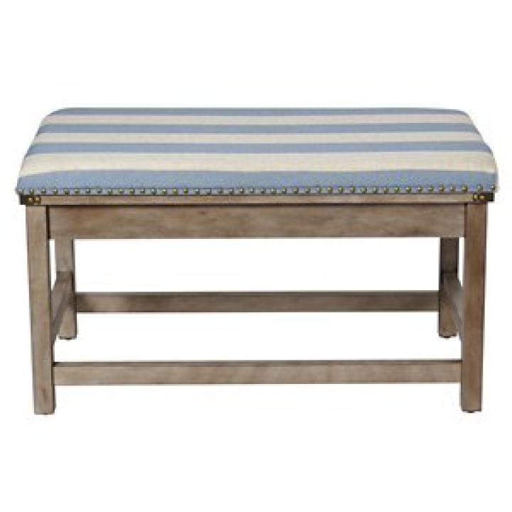 Blue and White Striped Upholstered Wood Bench