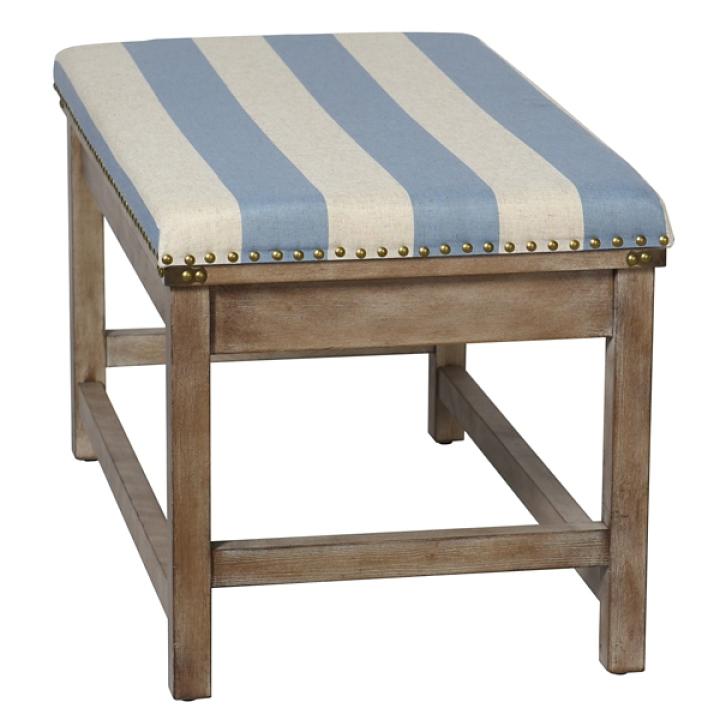 Blue and White Striped Upholstered Wood Bench