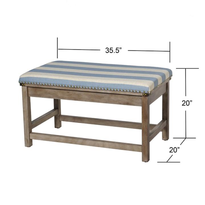 Blue and White Striped Upholstered Wood Bench
