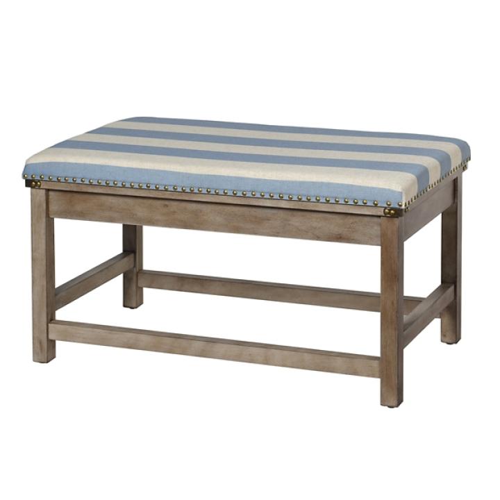 Blue and White Striped Upholstered Wood Bench