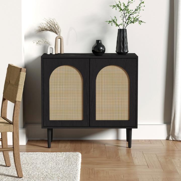 Black Wood and Arched Rattan 2-Door Cabinet