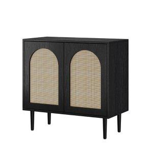 Black Wood and Arched Rattan 2-Door Cabinet