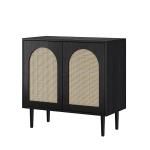 Black Wood and Arched Rattan 2-Door Cabinet