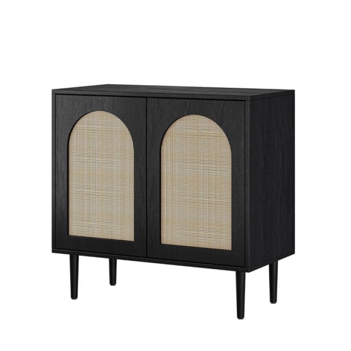 Black Wood and Arched Rattan 2-Door Cabinet