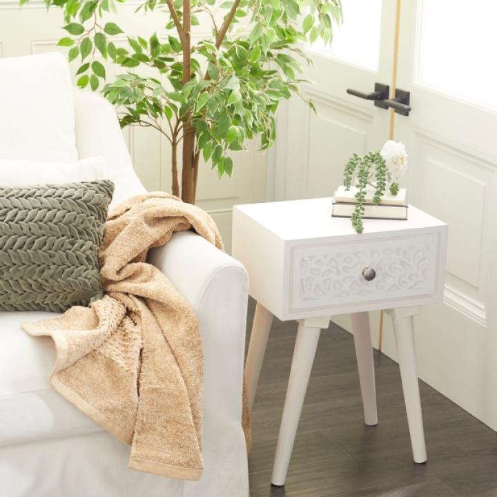 White Wood Carved Drawer Accent Table