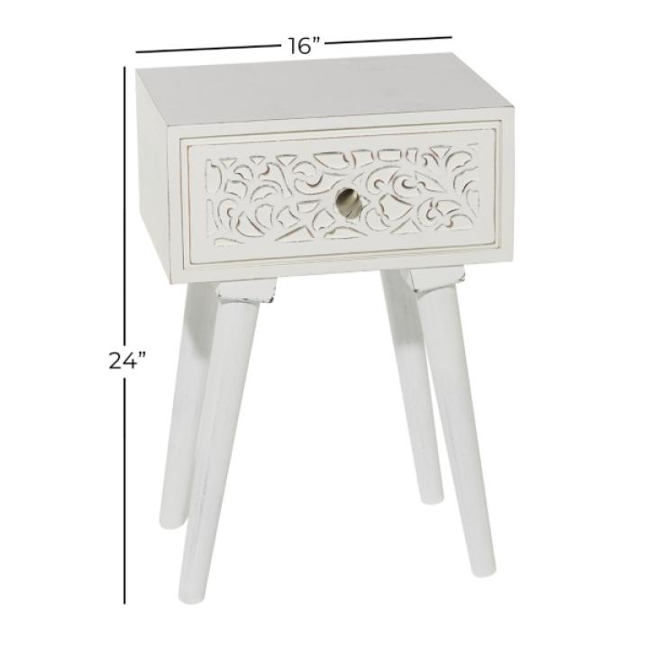 White Wood Carved Drawer Accent Table