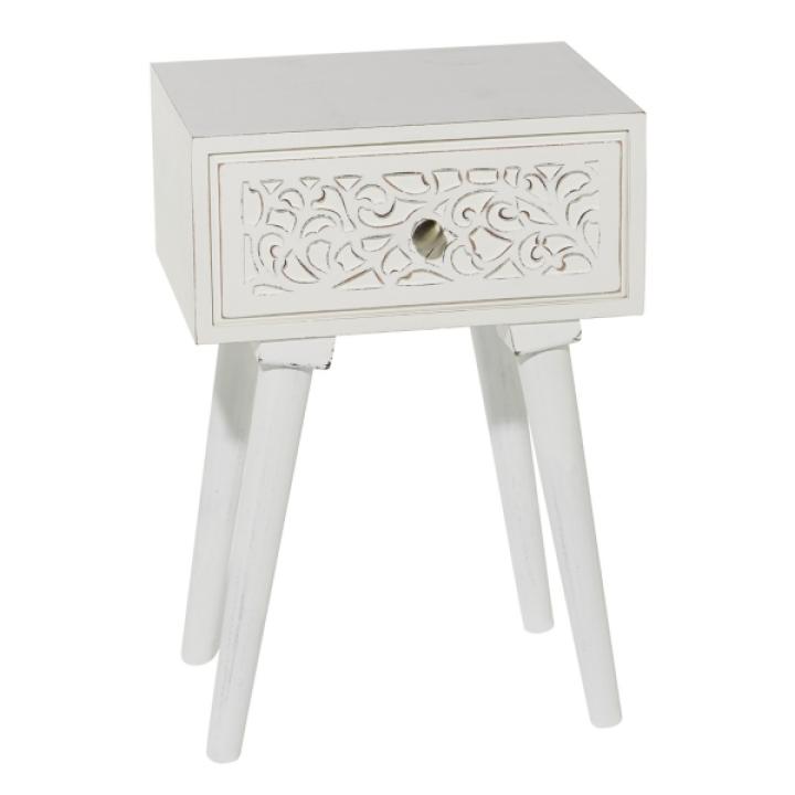 White Wood Carved Drawer Accent Table