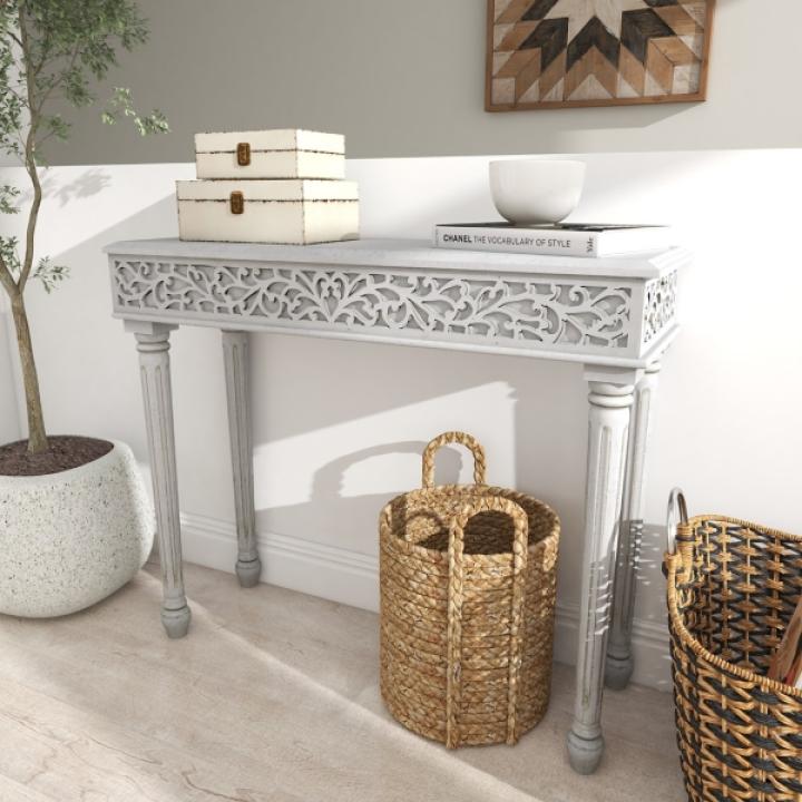 Gray Carved Wood Console Table