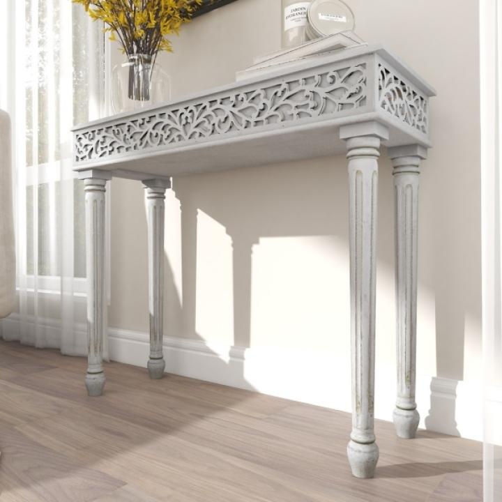 Gray Carved Wood Console Table