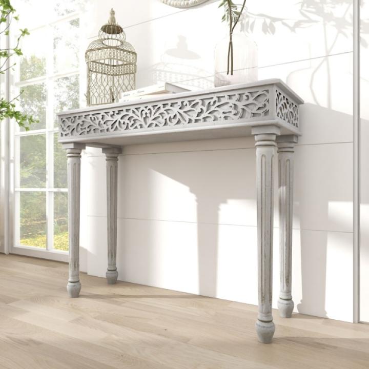 Gray Carved Wood Console Table