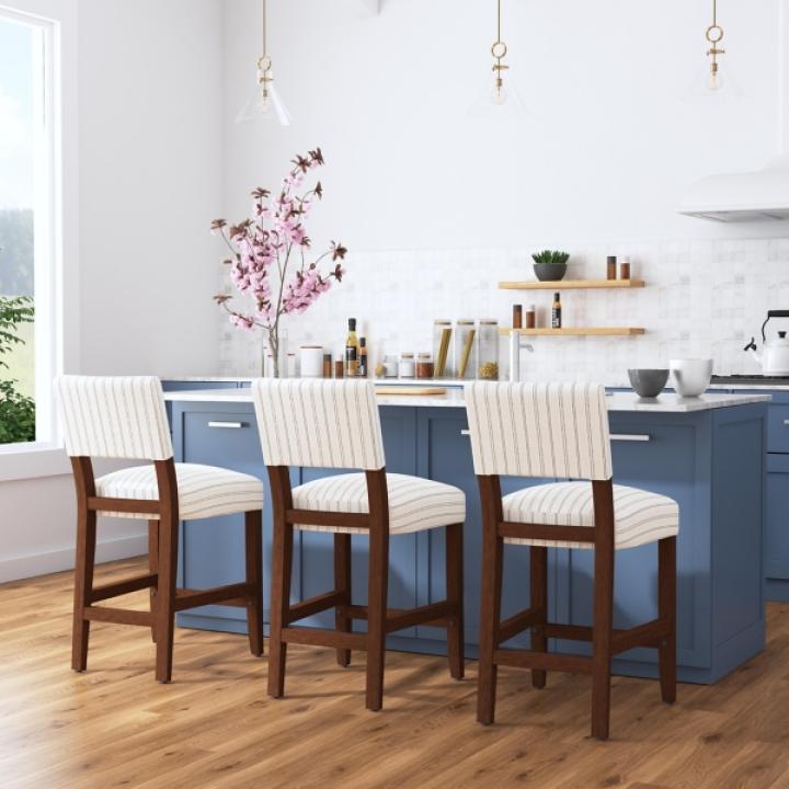 White and Blue Striped Dark Walnut Counter Stool