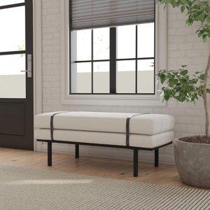 Cream Boucle Black Faux Leather Bench