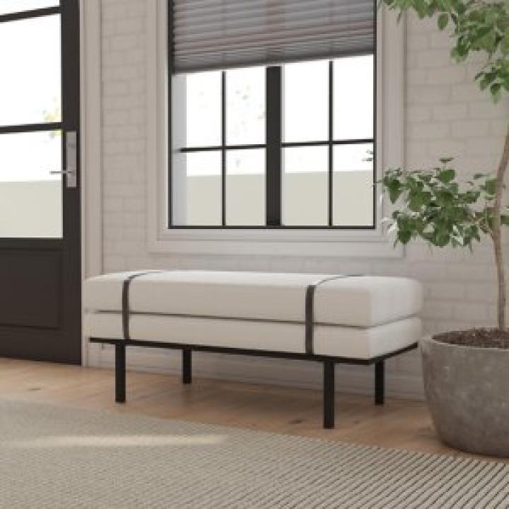 Cream Boucle Black Faux Leather Bench