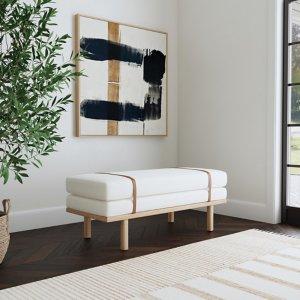 Cream Boucle Brown Faux Leather Bench