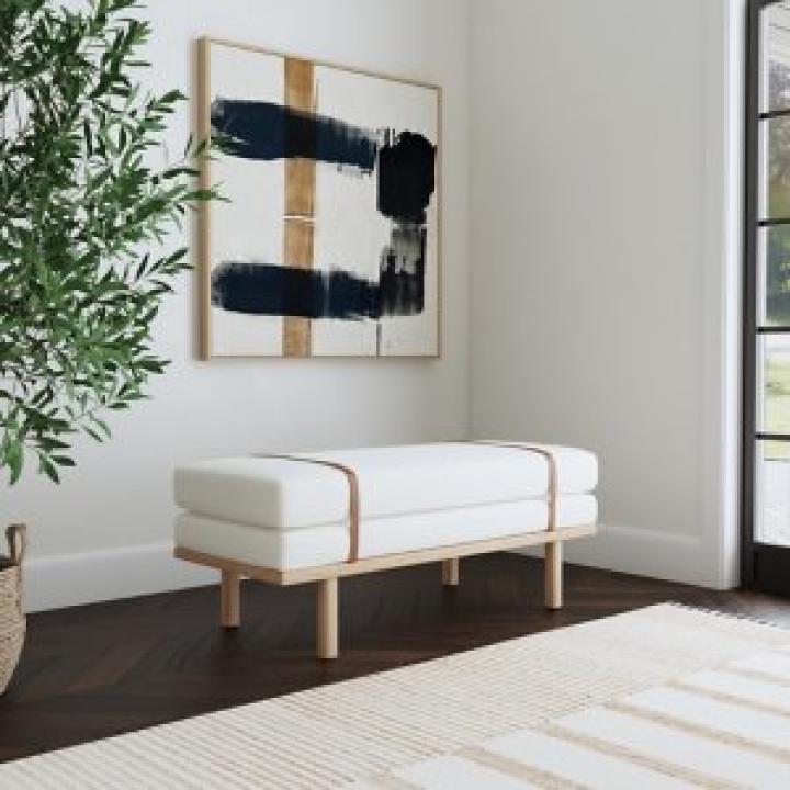 Cream Boucle Brown Faux Leather Bench