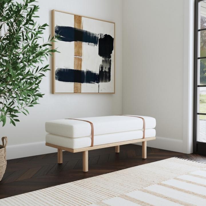 Cream Boucle Brown Faux Leather Bench