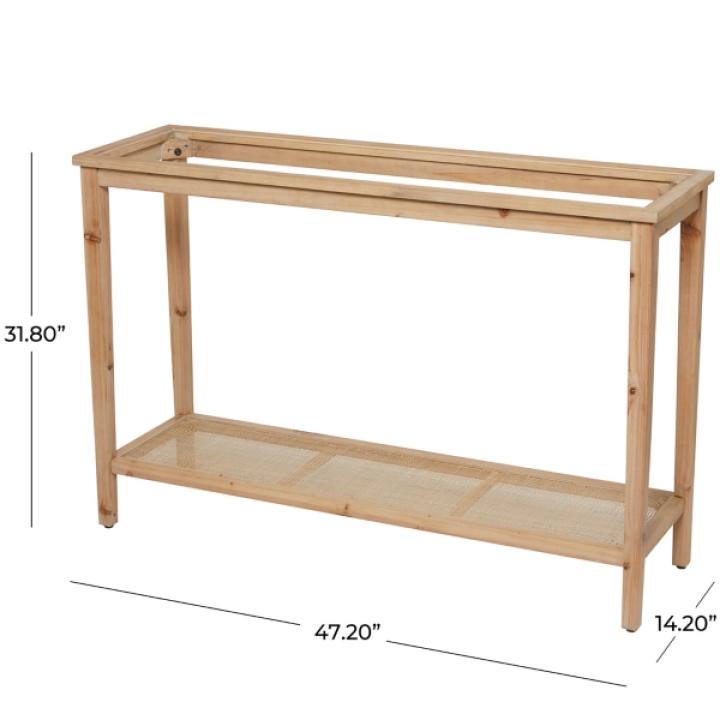 Wood Glass Top Console Table with Rattan Shelf