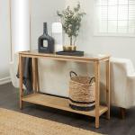 Wood Glass Top Console Table with Rattan Shelf