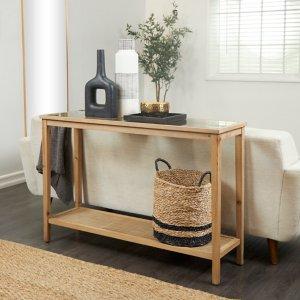 Wood Glass Top Console Table with Rattan Shelf