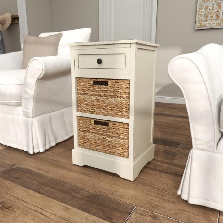 Cream Wood Side Table with Woven Baskets