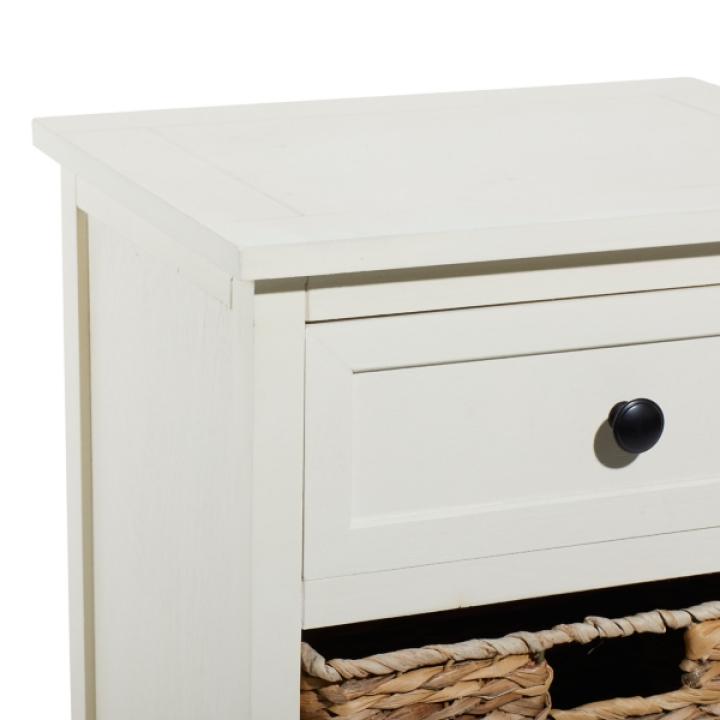 Cream Wood Side Table with Woven Baskets