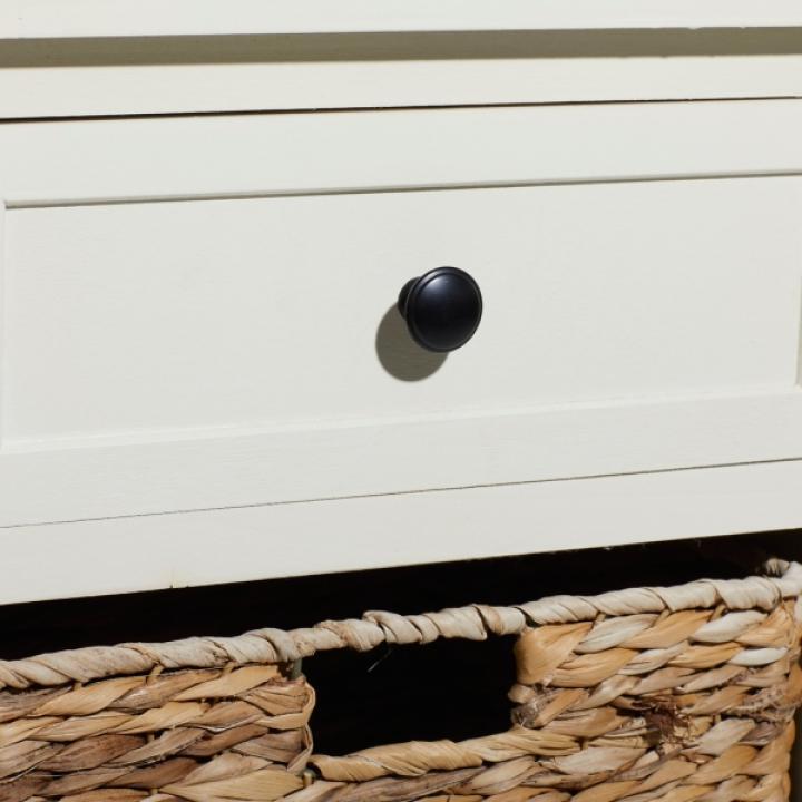 Cream Wood Side Table with Woven Baskets