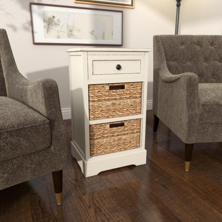Cream Wood Side Table with Woven Baskets