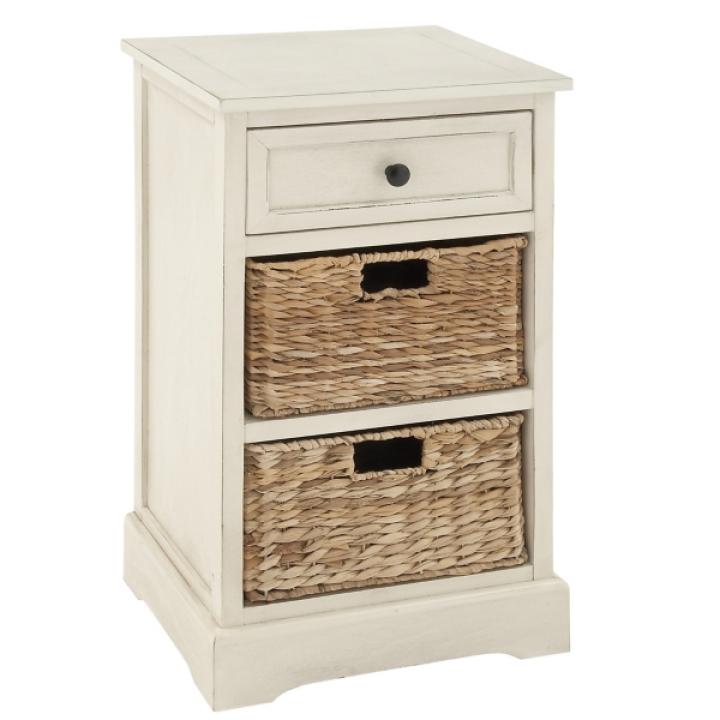 Cream Wood Side Table with Woven Baskets