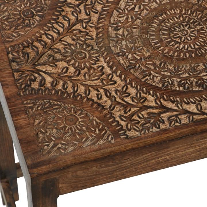 Brown Wood Carved Floral Nesting Tables, Set of 2