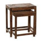 Brown Wood Carved Floral Nesting Tables, Set of 2