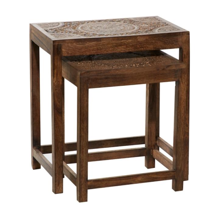 Brown Wood Carved Floral Nesting Tables, Set of 2