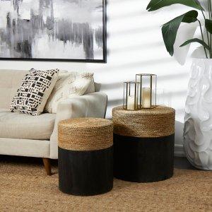 Black Wood Wrapped Rope Accent Tables, Set of 2