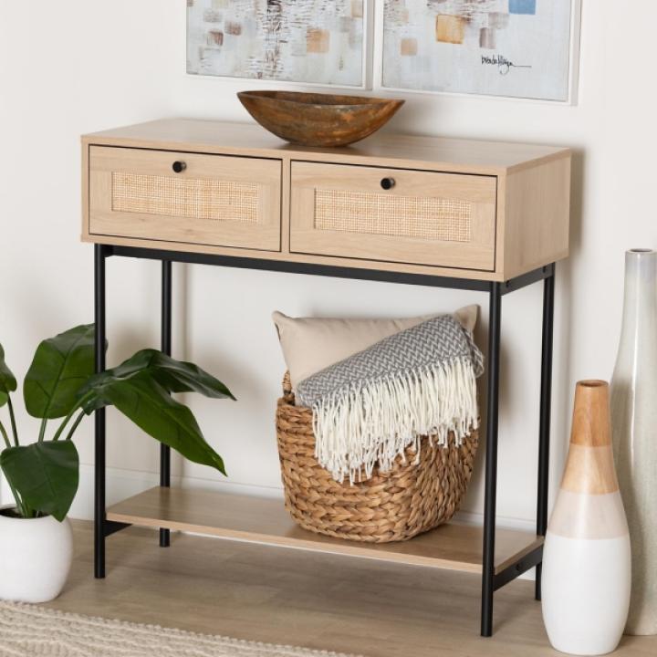 Natural Woven Rattan 2-Drawer Console Table
