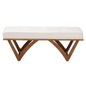 Mid-Century Modern White Boucle Angled Bench