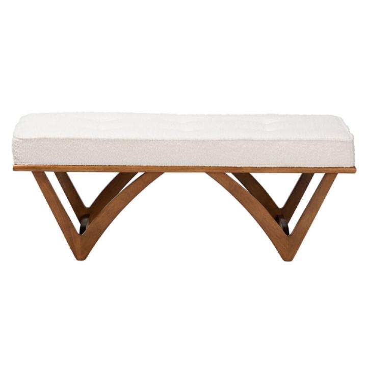 Mid-Century Modern White Boucle Angled Bench