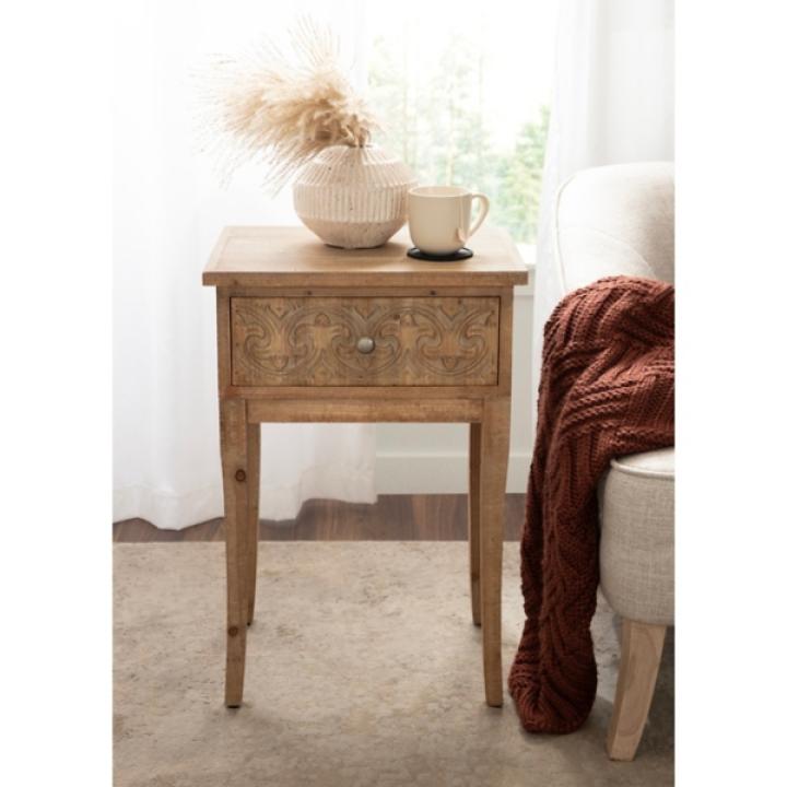 Rustic Brown Ornate Carved Wood Accent Table