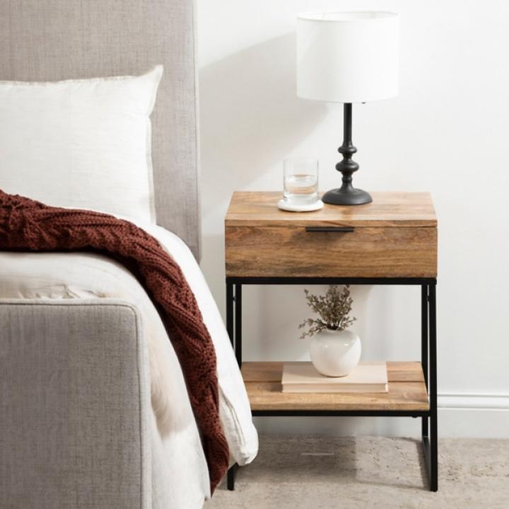 Natural Wood Black Metal Accent Table