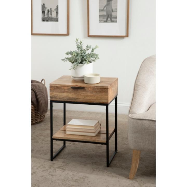 Natural Wood Black Metal Accent Table