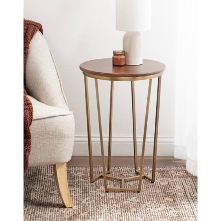 Geometric Brass Walnut Accent Table