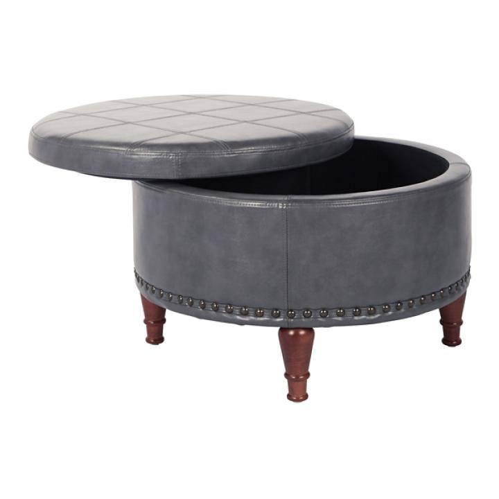 Pewter Leather Antique Nailhead Storage Ottoman