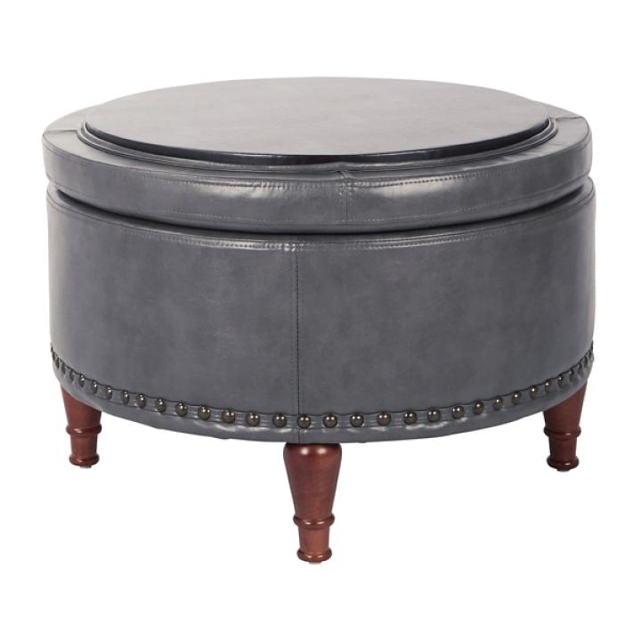 Pewter Leather Antique Nailhead Storage Ottoman