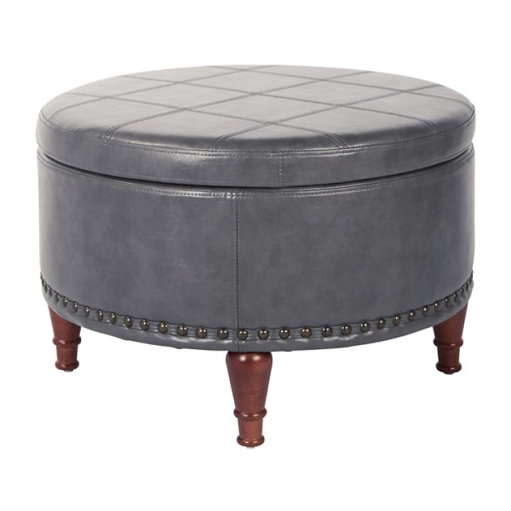 Pewter Leather Antique Nailhead Storage Ottoman