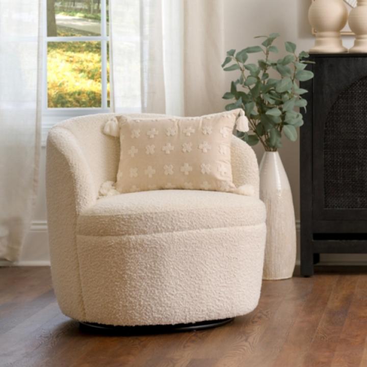 Small Round Cream Boucle Swivel Accent Chair