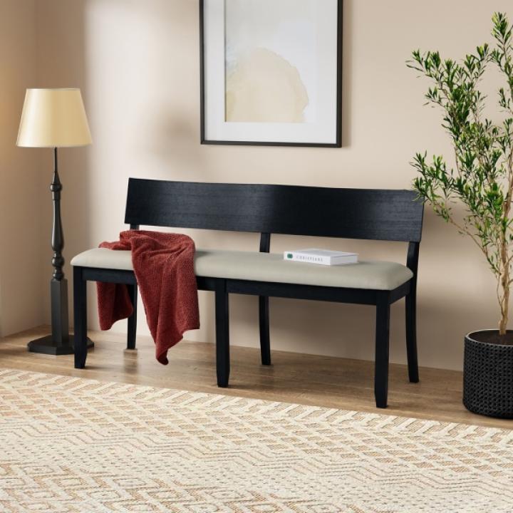 Black Wood Cream Upholstered Bench