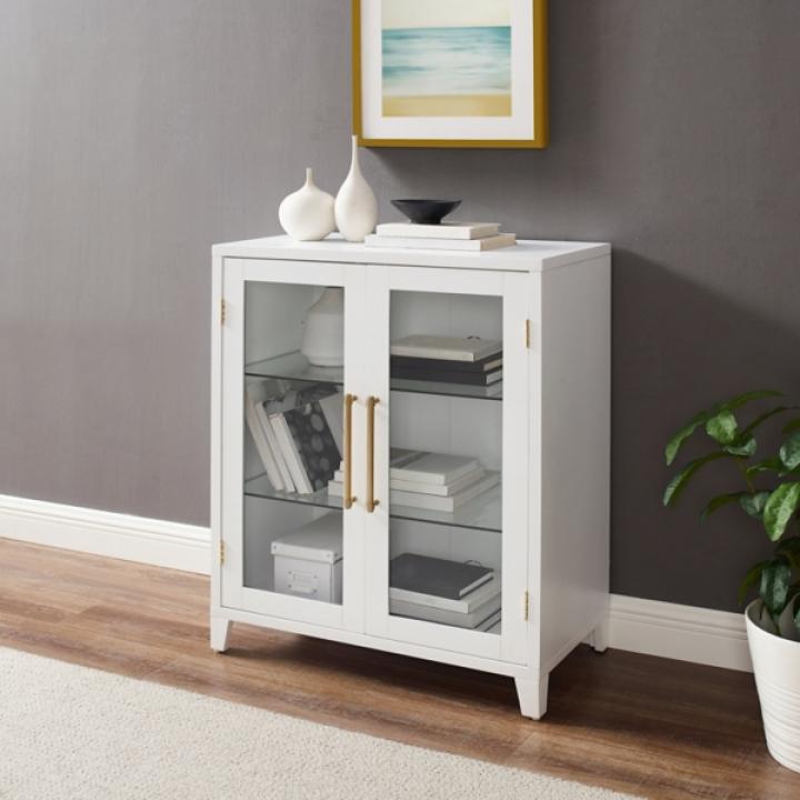 White & Gold Glass Door Storage Cabinet