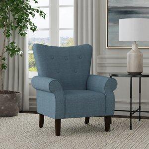 Blue Button-Tufted Rolled Arm Accent Chair