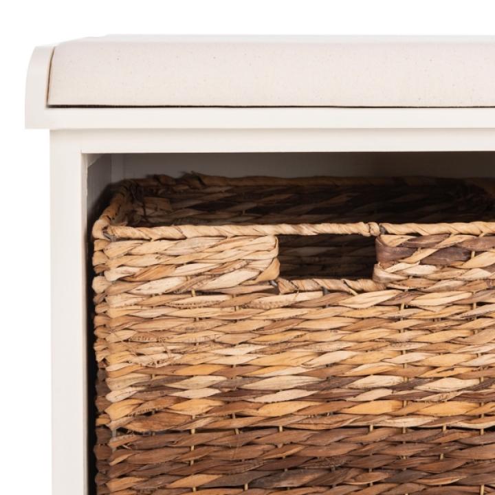Cream Bench with Woven Storage Baskets