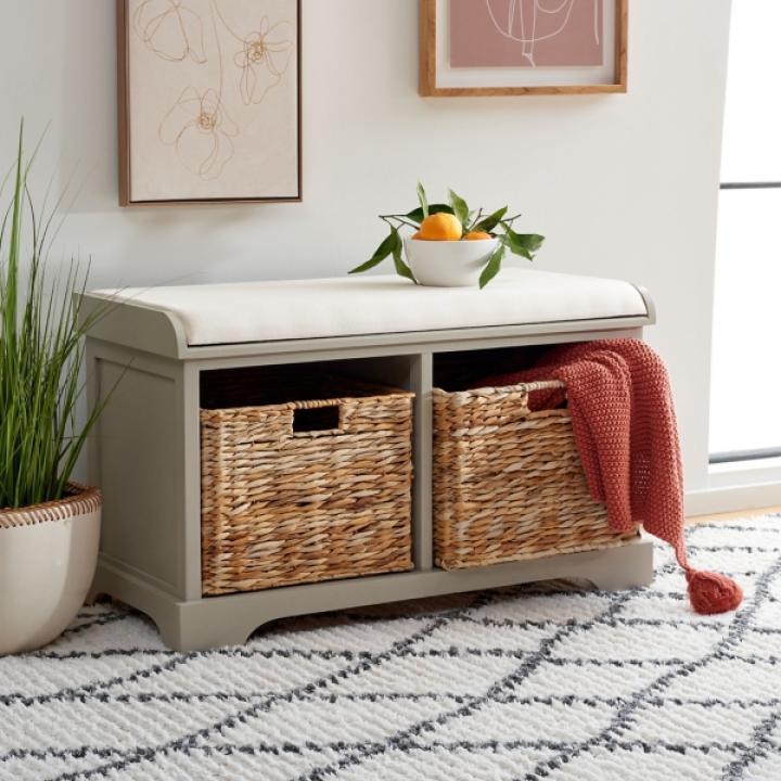 Gray Bench with Woven Storage Baskets