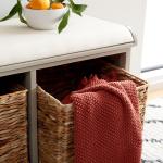 Gray Bench with Woven Storage Baskets