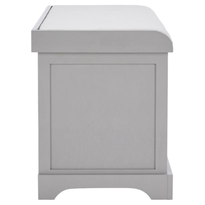 Gray Bench with Woven Storage Baskets